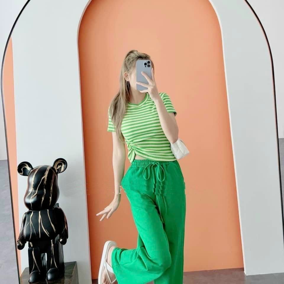 (Miễn phí ship)Bộ áo thun ôm rút dây eo chất thun gân_quần ống suông chất tuyết mưa có túi,hàng chuẩn shop