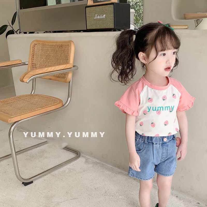 Áo Thun Tay Ngắn Phong Cách Công Chúa Hàn Quốc Nhật Bản Hàn Quốc Họa Tiết Dâu Tây Dễ Thương Cho Bé Gái