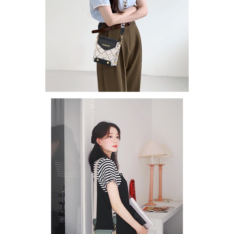 Túi đeo chéo nữ phối quai ngọc nhân tạo phong cách trẻ trung Hàn Quốc - Hàng Quảng Châu Cao Cấp (TT11)