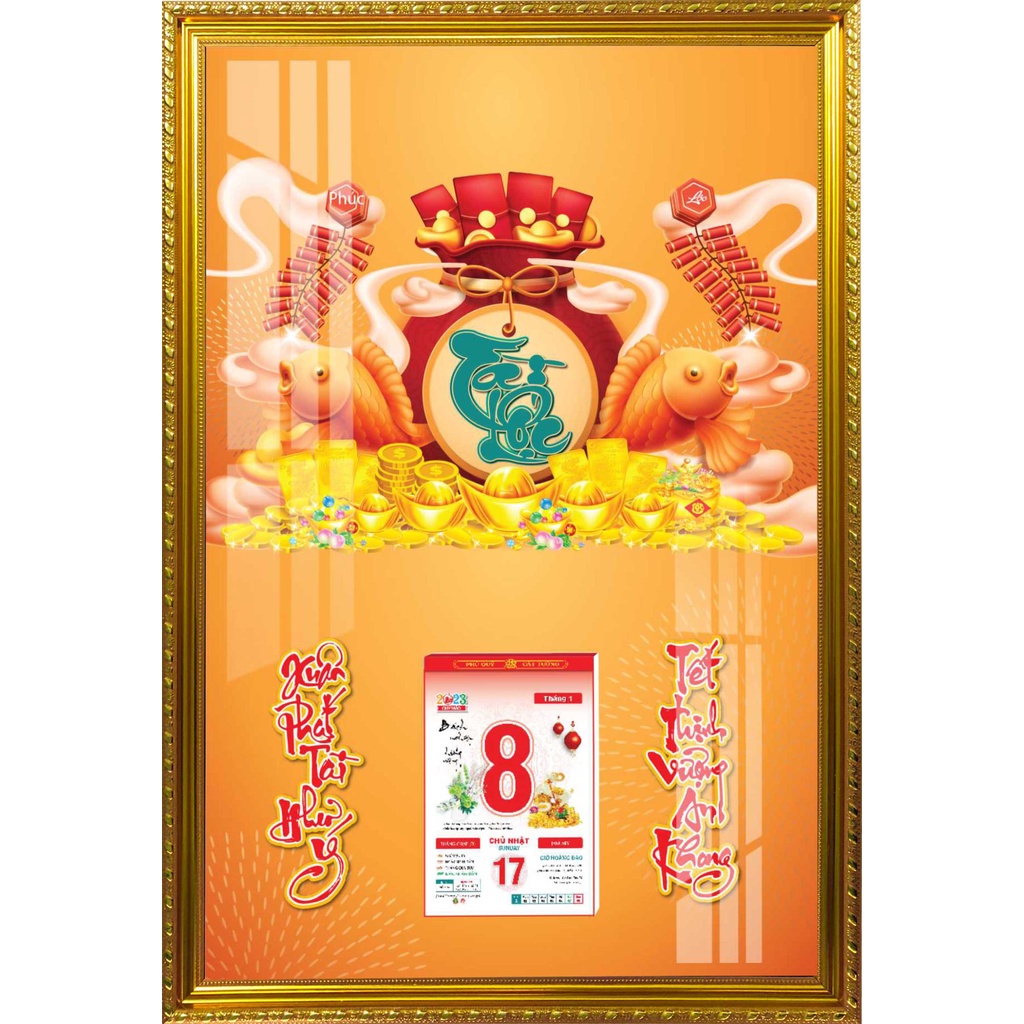 Lịch Gỗ Phù Điêu Khung Vàng Cao Cấp Treo Tường Laminate Tráng Gương 2023 (45 x 65cm) - Cá Chép Tài Lộc