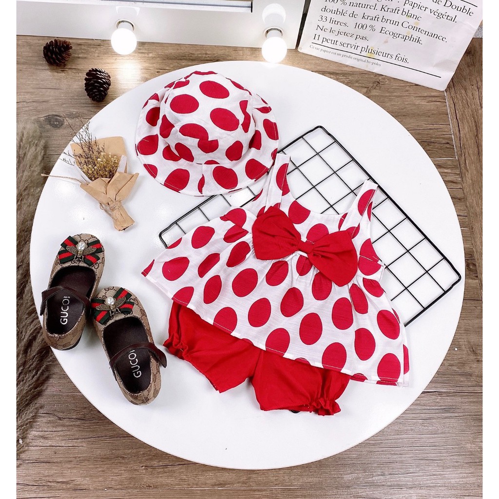 Set đầm chấm bi kèm quần tặng mũ dễ thương cho bé gái (8-18kg)