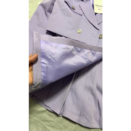 Set Áo Khoác Vest Chân Váy Xếp Ly Lệch Tím Pastel