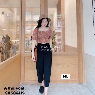 Sét áo kẻ chun ngực kèm quần ống rộng -HS
