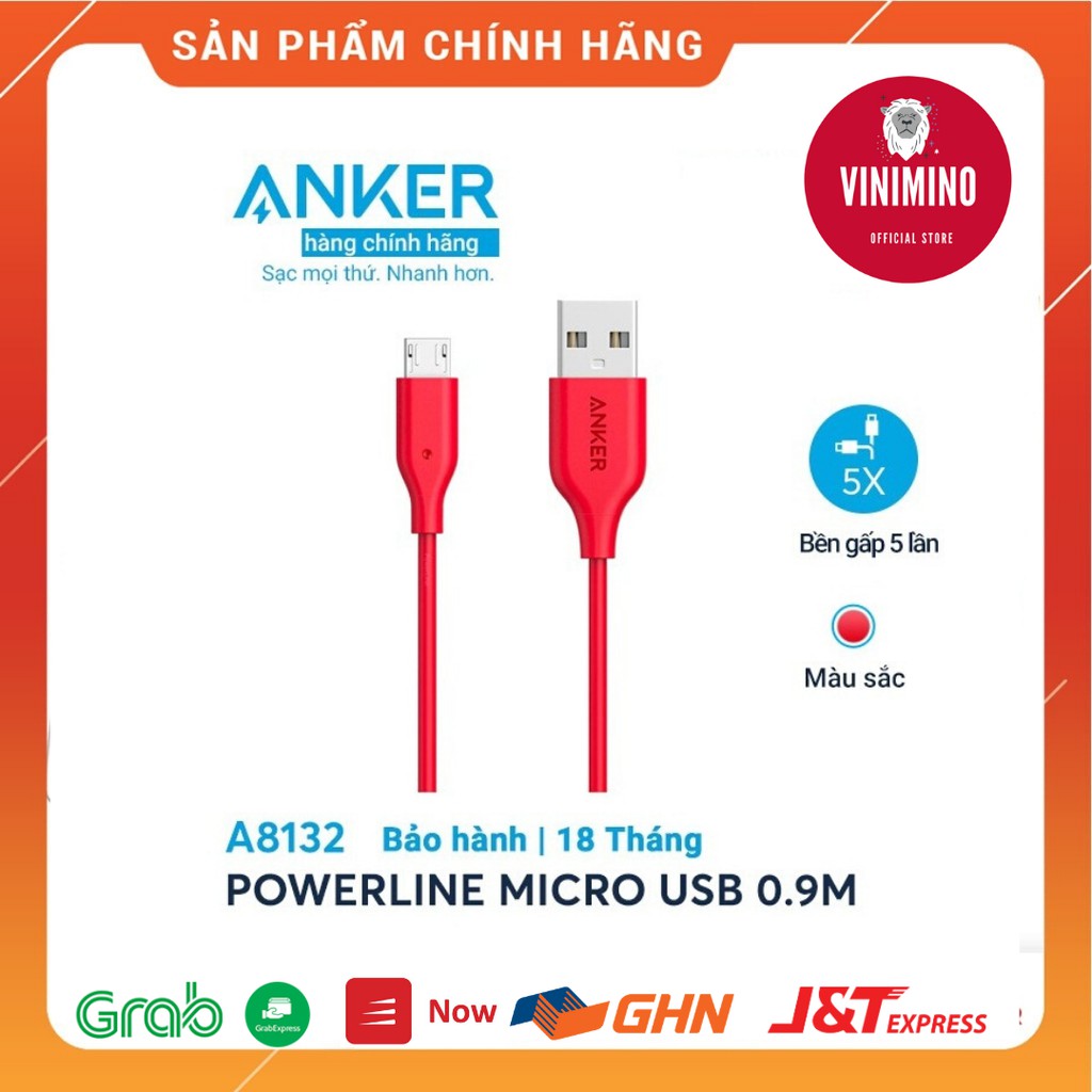 Dây cáp Micro USB ANKER PowerLine - Dài 0.9m (A8132/Màu Đỏ) | Vinimino