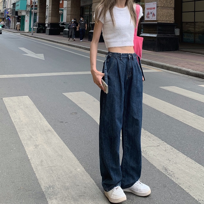 SUXI Quần jean ống rộng lưng cao phong cách Hàn Quốc thời trang mùa hè dành cho nữ