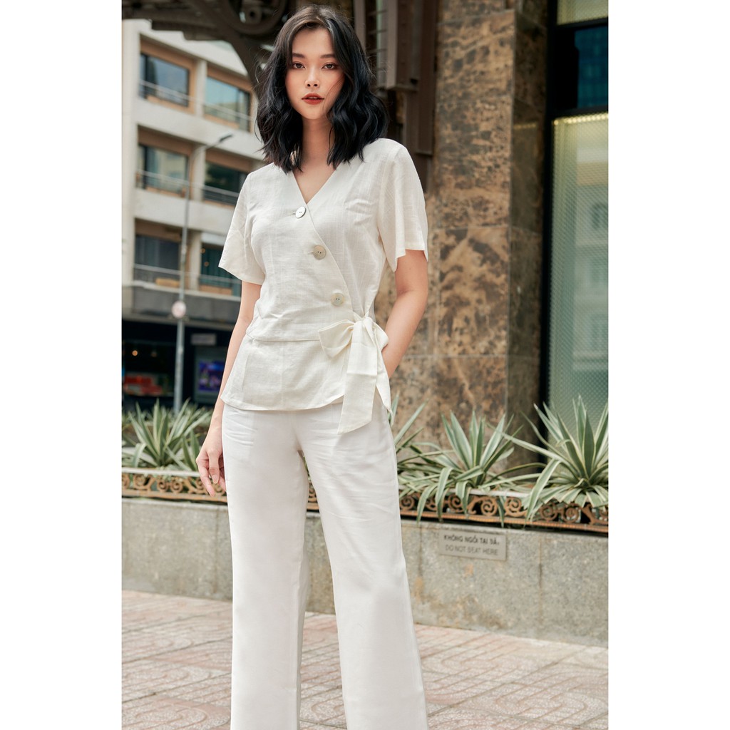 Áo thắt dây nữ YV LE & CO vải Linen màu trắng thanh lịch