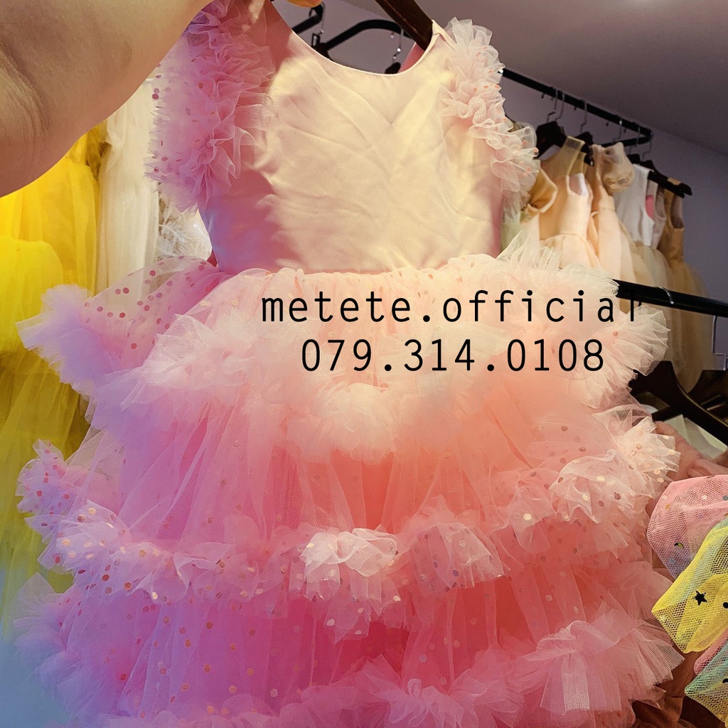 Váy đầm công chúa thiết kế cho bé gái cục bông gòn chấm bi hồng siêu bồng bềnh - Mẹ Tê Tê