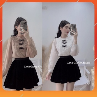 Set chân váy xếp ly áo sơ mi lụa mát