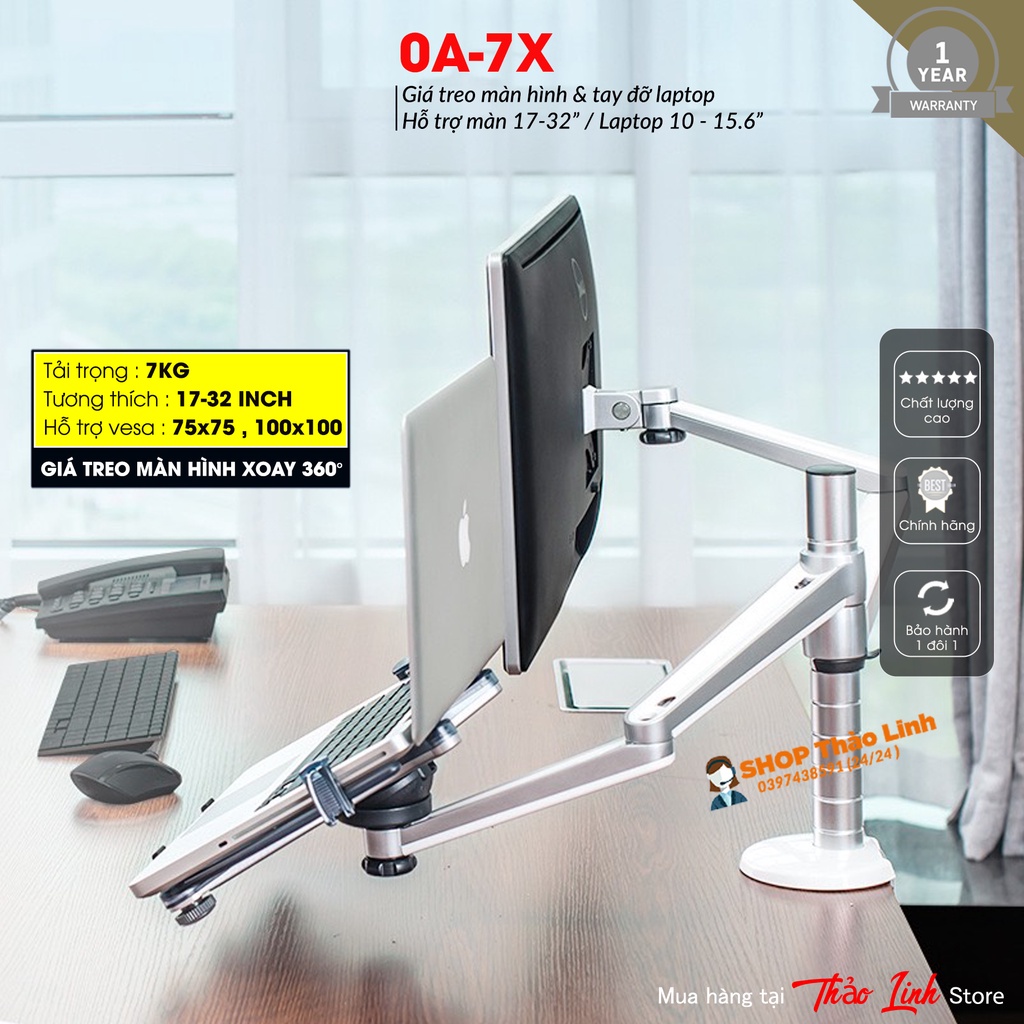 Giá Treo Màn Hình  24 - 27 - 32 Inch - Kèm Tay Treo Đỡ Laptop 10 - 15.6 Inch -  Hợp Kim Nhôm Cao Cấp  - Model OA-7X