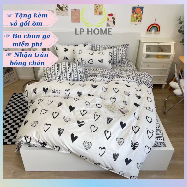 Bộ chăn ga gối Poly Hàn Quốc Tim trắng cho người đang yêu (Tặng vỏ gối ôm) - Miễn phí bo chun