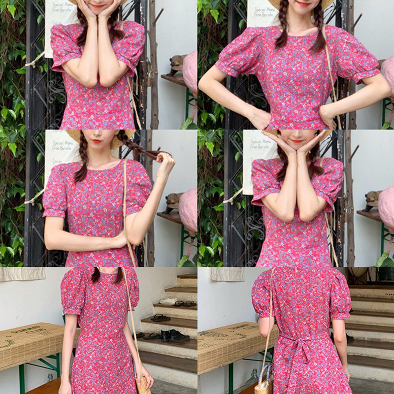 Floral Sweet Girl Round Neck Waist Dress