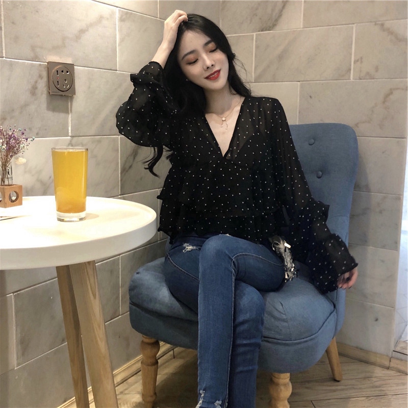 Áo kiểu dài tay cổ chữ V màu trơn phong cách Hàn Quốc retro