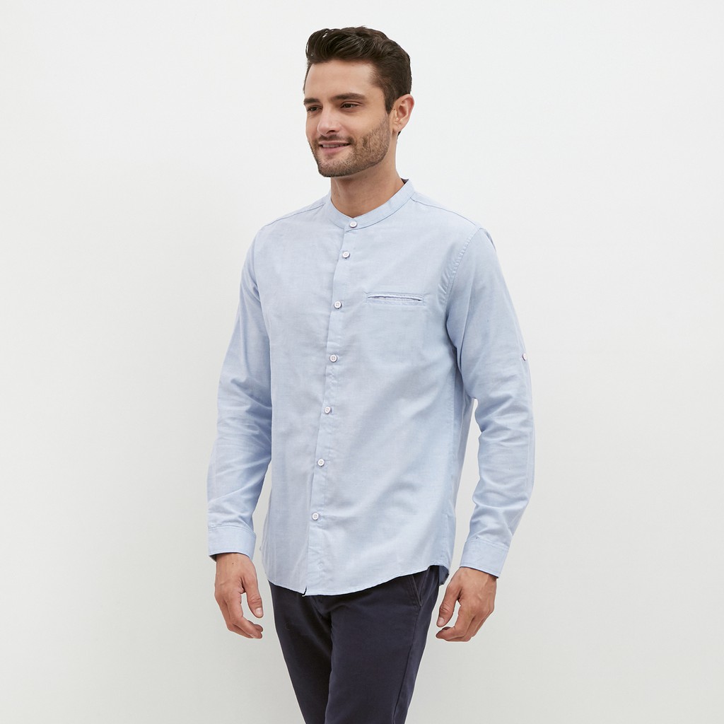 Áo Sơ Mi Vải Oxford Dáng Dài Màu Xanh Dương Trơn Kiểu Thượng Hải Cá Tính Cho Nam