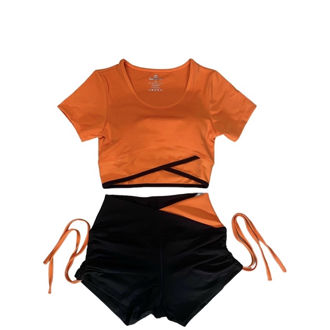 Set bộ đồ tập áo croptop vạt chéo quần đùi rút dây cạp V phối màu tập gym,yoga,nhảy Zumba, aerobic,đi bơi đi biển nữ
