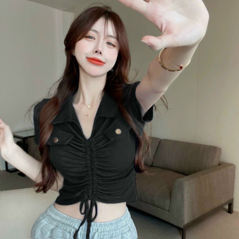 Áo thun cổ bẻ rút dây giữa phối kiểu 2 nắp A15 tay ngắn