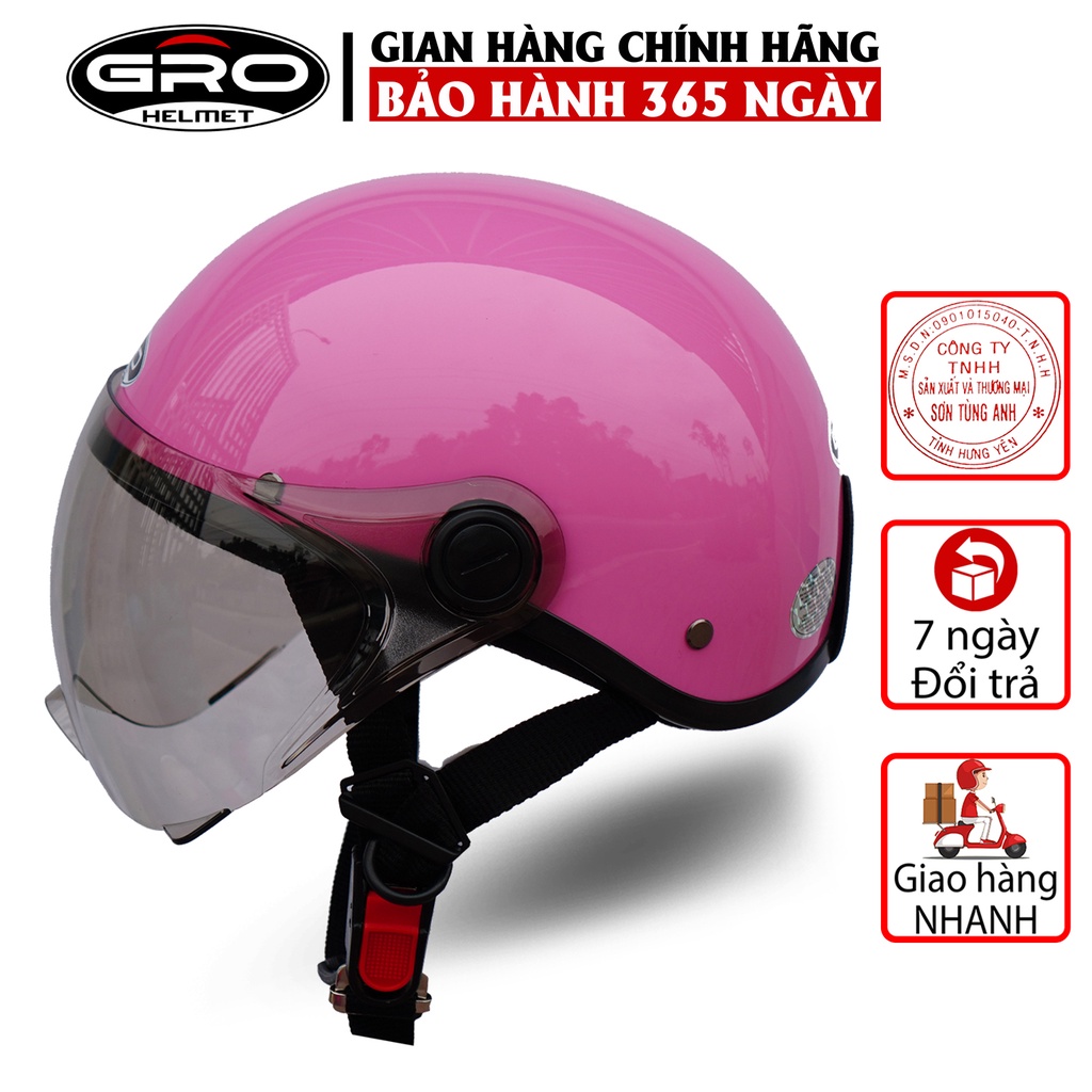 Mũ Bảo Hiểm Nửa Đầu GRO Helmet có kính che nửa mặt, kiểu dáng thời trang, khóa kim loại chắc chắn - Hồng Nhạt