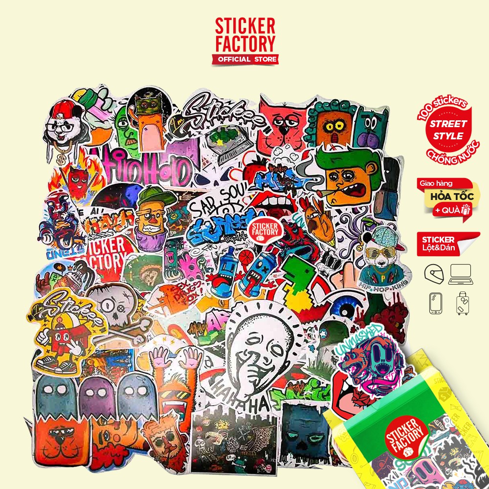 Streetstyle - hộp set 100 sticker decal hình dán nón bảo hiểm , laptop, xe máy, ô tô - STICKER FACTORY