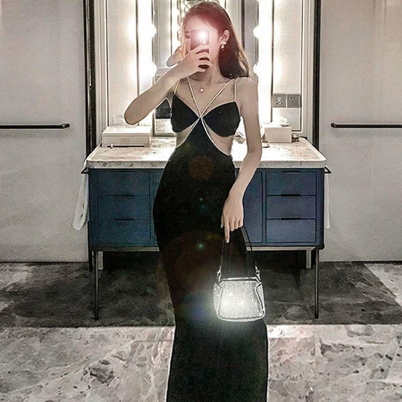 Dress Temperament Sexy Dress Mesh Hollow Nightclub Hip Dress V-neck Black Sling Dress Dress Skirt Long Skirt