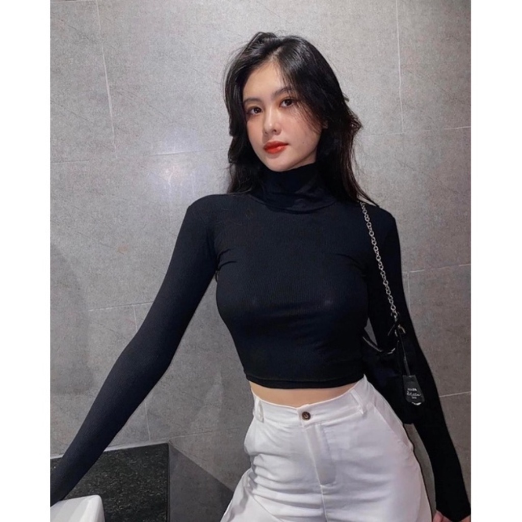 Áo croptop tay dài cổ lọ ôm body , áo thun nữ cổ cao