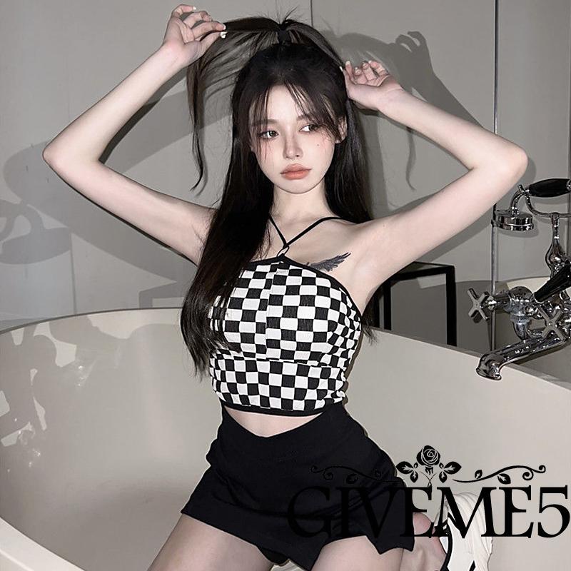 Áo Lửng Hai Dây Hở Rốn In Họa Tiết Bàn Cờ Kim Loại Thời Trang Dành Cho Bạn Nữ