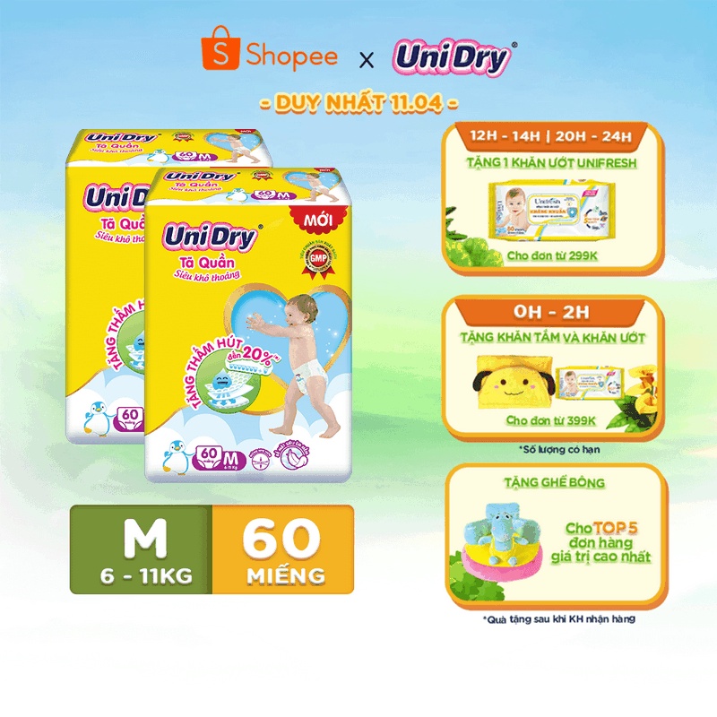 Combo 02 tã quần UniDry siêu khô thoáng gói Jumbo M60/L54/XL48/XXL44