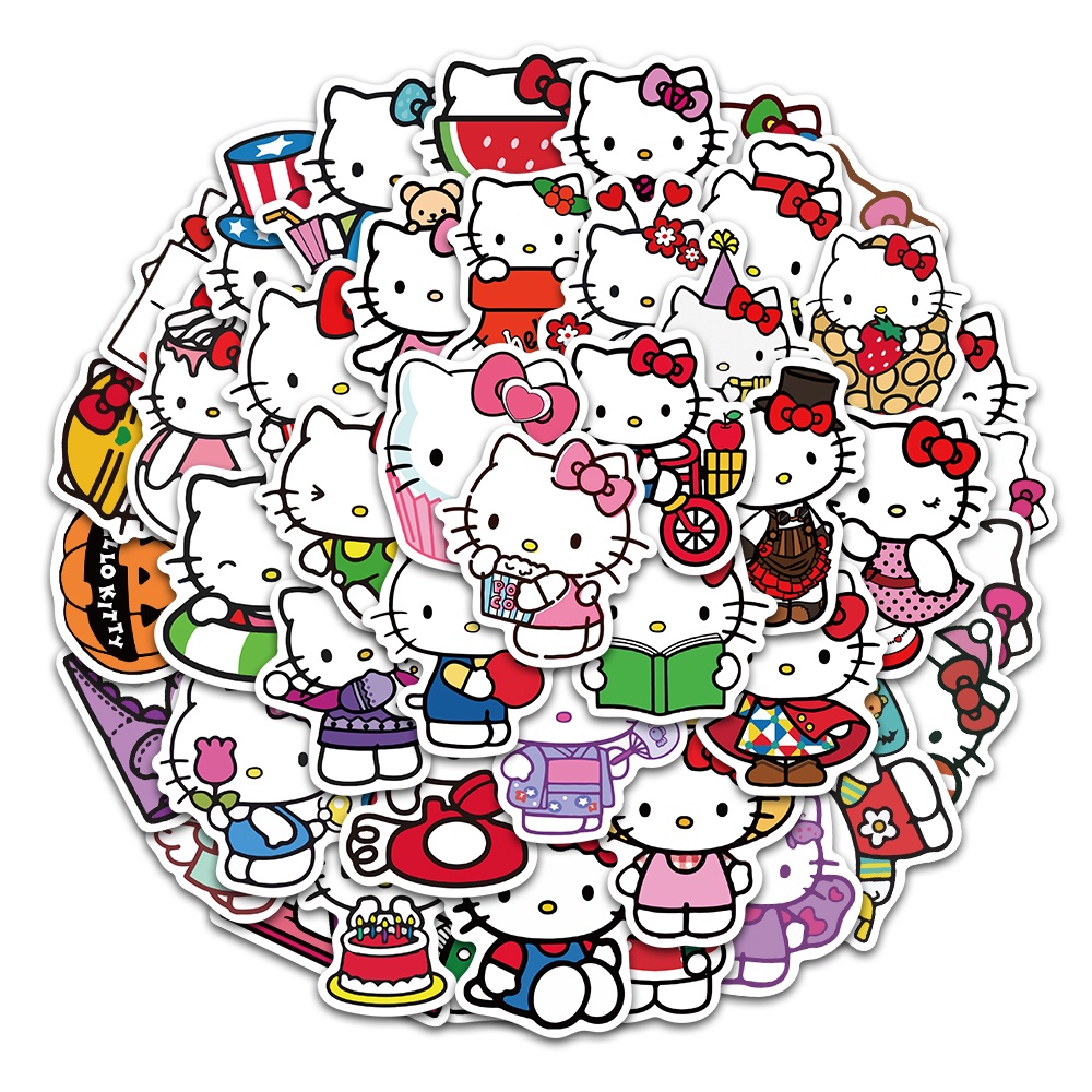Bộ 10/50 Sticker Hoạt Hình Hello Kitty Dán Laptop, Xe Đạp