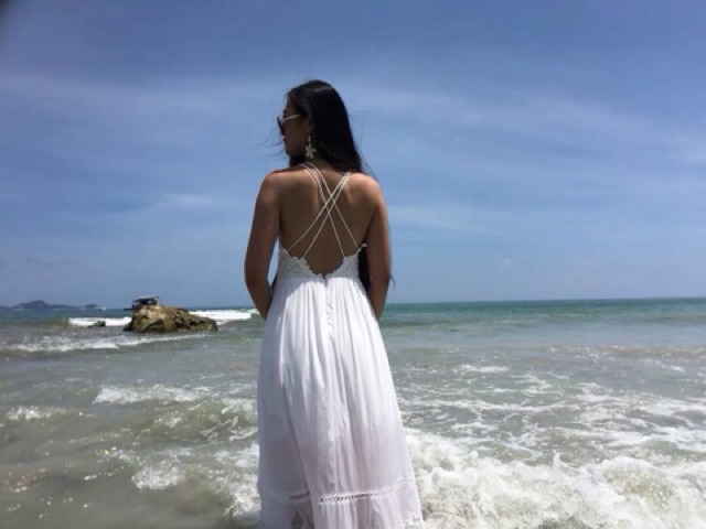 (Ảnh thật)(sẵn XL) Váy maxi trắng hở lưng phối ren sexy cổ V mang đi du lịch, chụp ảnh cưới