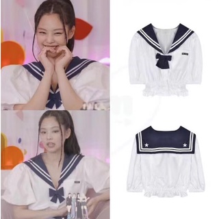 Áo croptop tay ngắn phối nơ dễ thương cho nữ phong cách Jennie Blackpink
