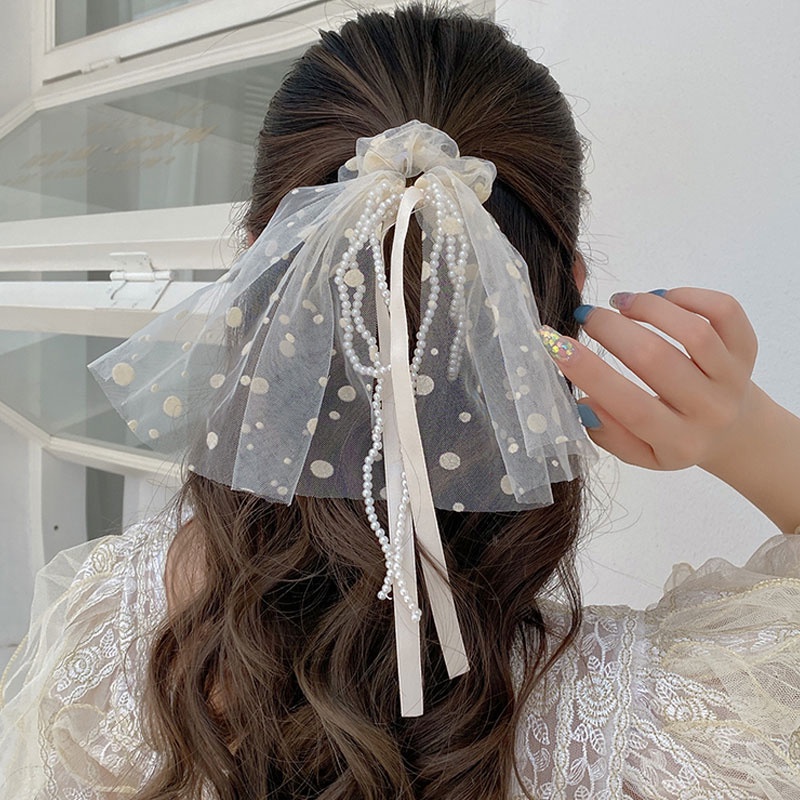 Dây Buộc Tóc Thắt Nơ Ruy Băng Đính Hạt Ngọc Trai Tua Rua