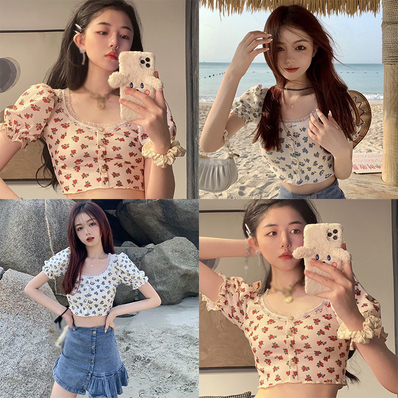 Áo Thun Crop Top Vải Voan Tay Ngắn Phồng Cổ Vuông In Họa Tiết Hoa Phong Cách Retro Hàn Quốc Dành Cho Nữ