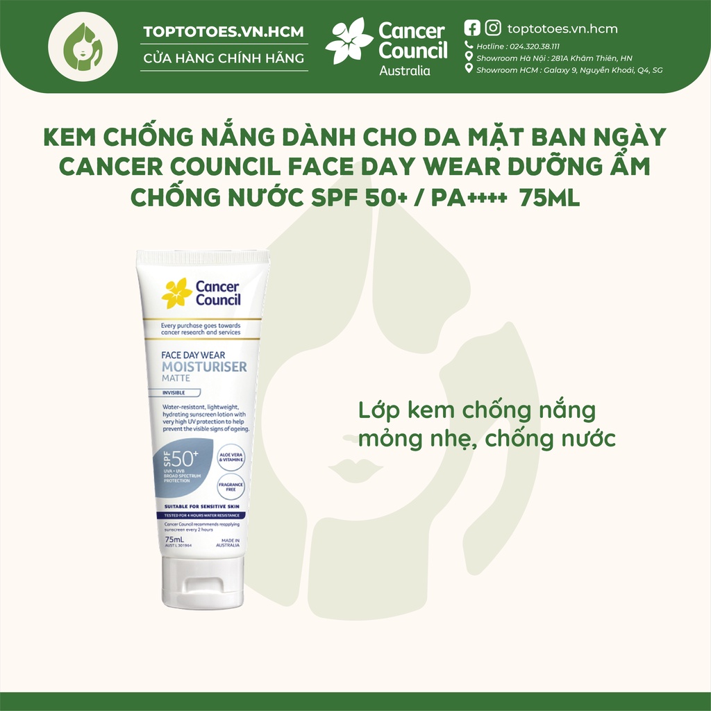 Kem chống nắng dành cho Da mặt hàng ngày Cancer Council Face Day Wear SPF 50+/ PA ++++