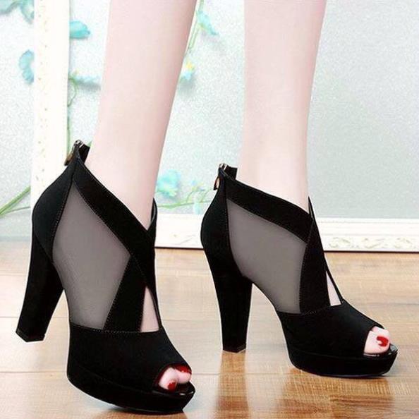GIÀY CAO GÓT HỞ MŨI DA NHUNG PHỐI LƯỚI CAO CẤP + GIÀY NỮ CA0 9CM HÀNG NHẬP KHẨU CAO CẤP ( chuẩn size y hình ) c35