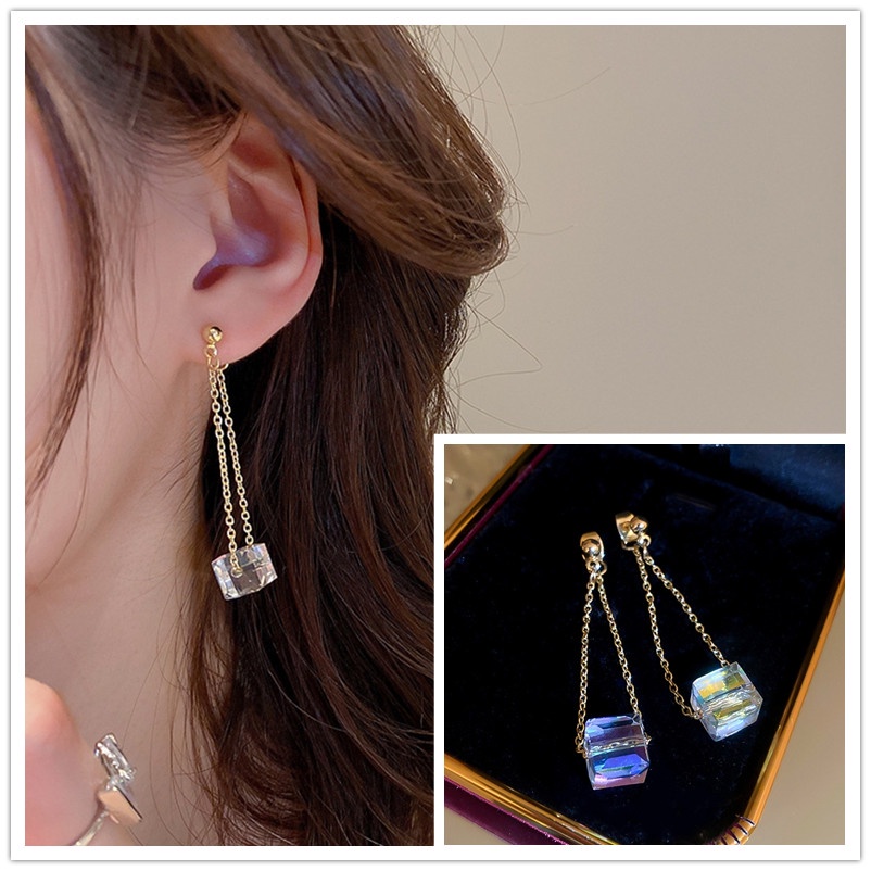 Bông Tai Hình Khối Lập Phương Bằng Kim Loại Trước Và Sau Phong Cách Hàn Quốc Thời Trang 2022