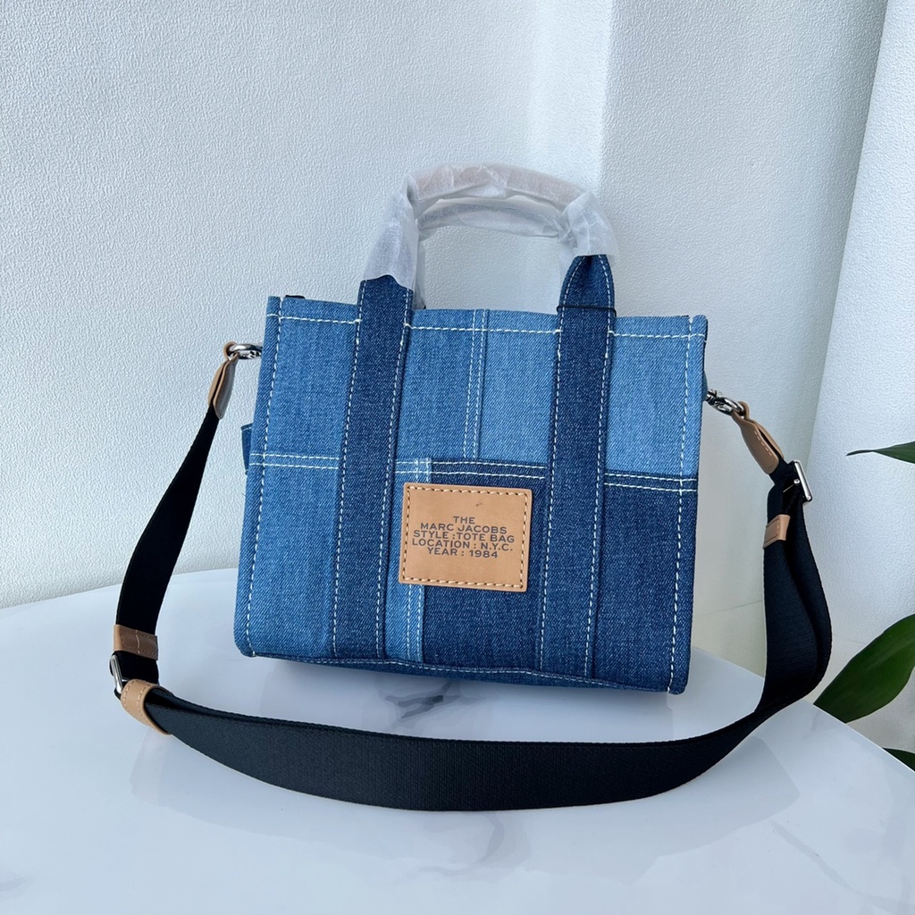 Túi xách nữ da thật thời trang cao cấp Marc Jacobs thiết kế vải denim in chữ thương hiệu