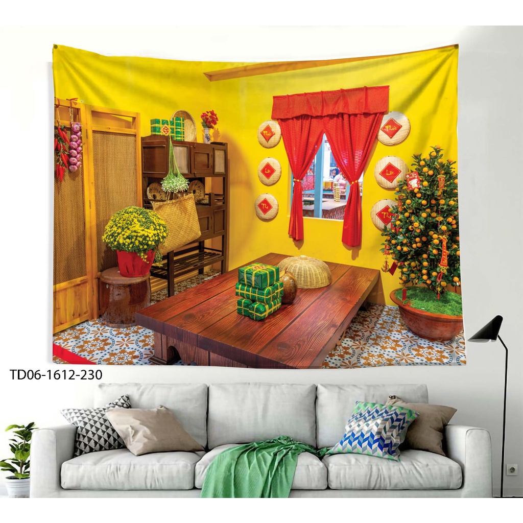 Tranh vải in 3D treo tường trang trí TẾT, decor CHÚC MỪNG NĂM MỚI, HAPPY NEWYEAR, [ tặng móc treo, miếng dán định vị]