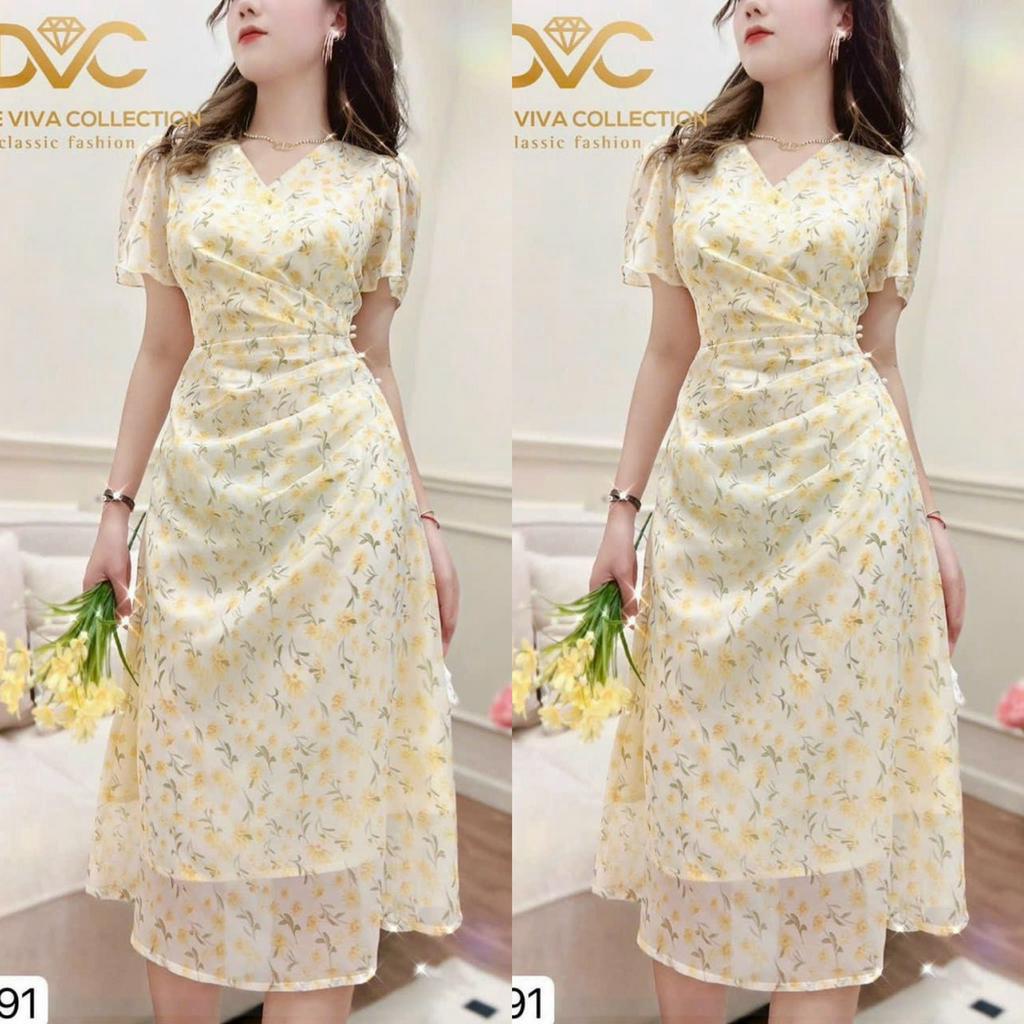 Đầm váy nữ cổ chữ V tay xòe nhẹ họa tiết hoa nhí xếp ly sang chảnh, đính cườm quý phái dự tiệc đi chơi