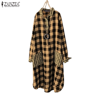 Đầm ZANZEA In Ca-Rô Tay Dài Xinh Xắn Dành Cho Nữ