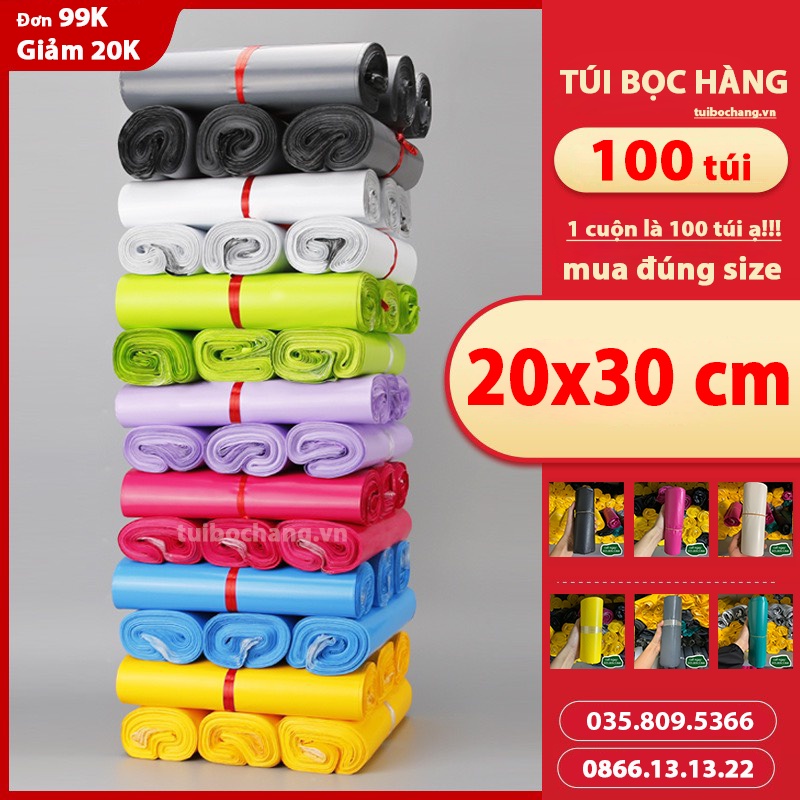 100 Tuigoihang Túi Niêm Phong, Kích cỡ 20x30cm Đủ Màu. Túi Gói Hàng Tự Dính Giá Rẻ - ship hỏa tốc