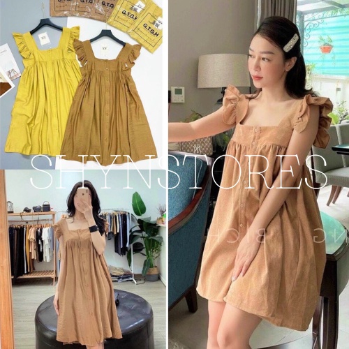 Váy 2 dây - đầm suông nữ 2 dây viền bèo cúc dọc Shynstores vải đũi cao cấp