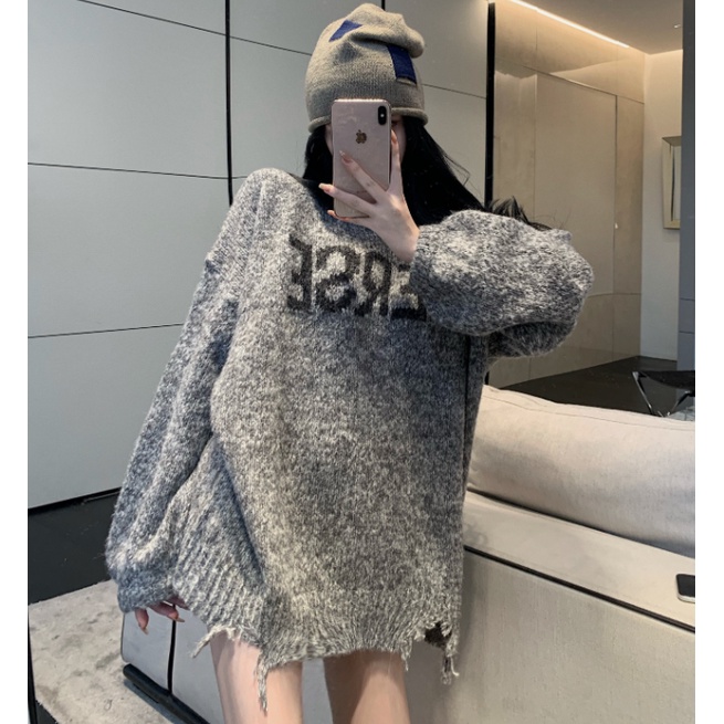 Áo len chui đầu dáng rộng in chữ thiết kế cá tính thoải mái