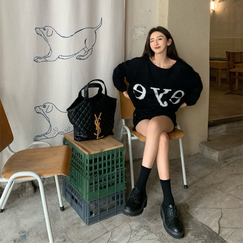 Áo Sweater Dệt Kim Tay Dài Dáng Rộng In Chữ Thời Trang