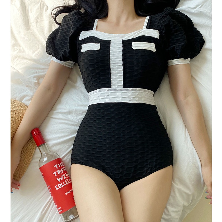 Mẫu mới 2023 bikini Hàn Quốc một mảnh kín đáo tay ngắn màu đen trắng cơ bản thun gân xịn, đồ bơi, đi biển