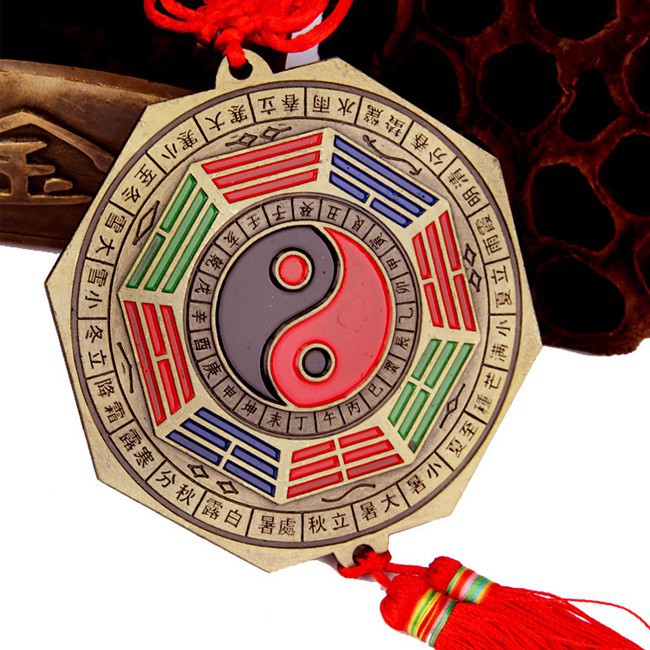 Gương bát quái phẳng treo phong thủy âm dương kẽm mặt sau gương phẳng 12 con giáp có dây tâm kết đồ thờ cúng phong thủy