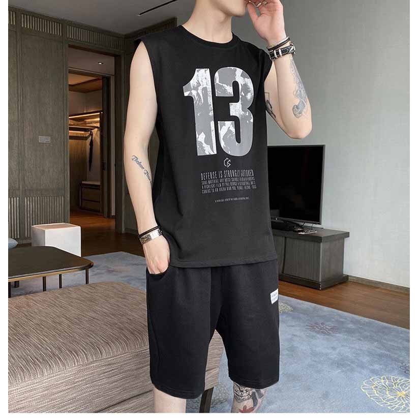 Bộ Thể Thao Nam Sát Nách in số 13 nam nữ mặc hẹ thun lưới mè 4 màu đen trắng xanh rêu