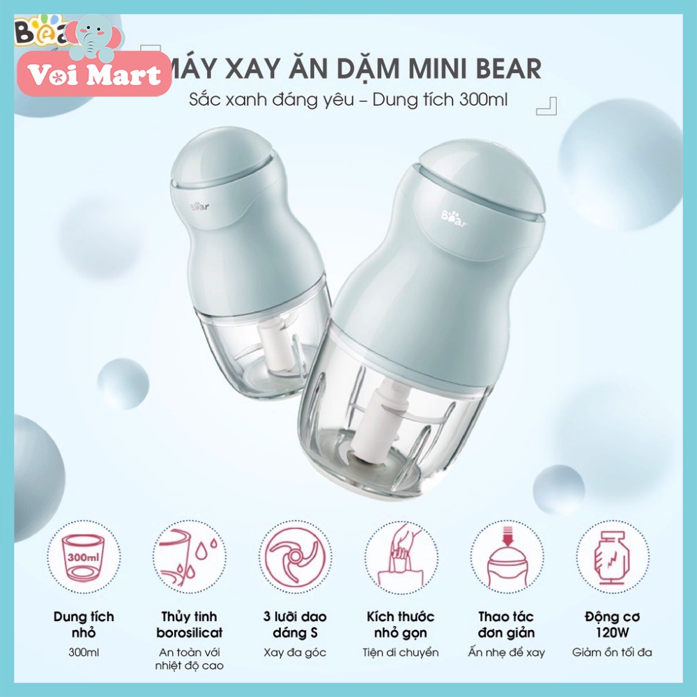 (BH 18 Tháng) Máy Xay Đồ Ăn Dăm Đa Năng Bear Cầm Tay Tiện Lợi Thiết Kế 3 Lưỡi Dao Sắc Bén, Cối Thuỷ Tinh 0.3l - B03V2