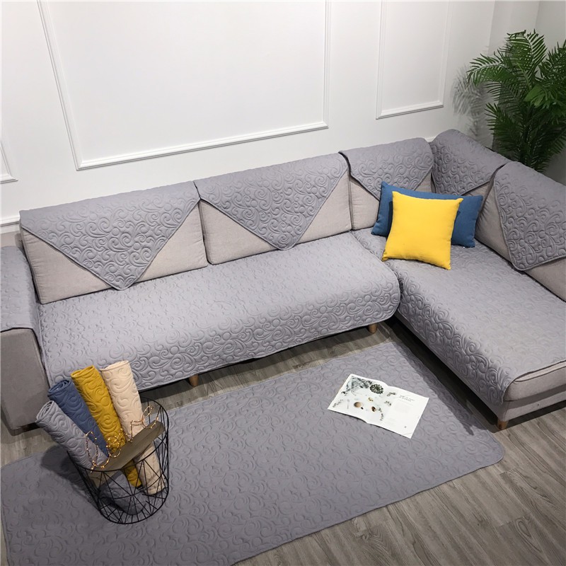 Đệm Lót Ghế Sofa Vải Cotton Chống Trượt Màu Xanh Xám Nhạt