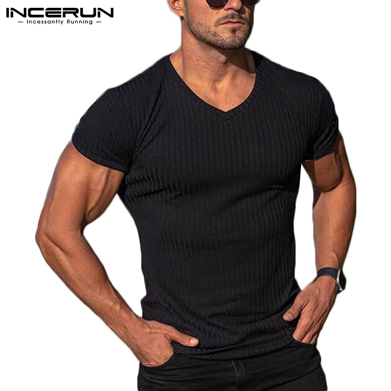 Áo thun INCERUN tay ngắn cổ chữ V màu trơn thời trang mùa hè sành điệu cho nam