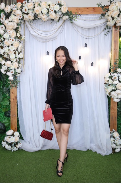 CHINESE DRESS đầm nhung sườn sám phối tay lưới đen, đỏ