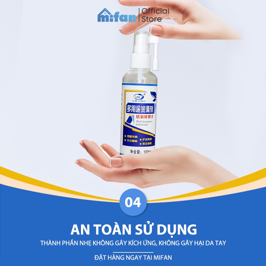 Chai Xịt Dầu Bôi Trơn Đa Năng Lkb 100ml MIFAN- Giảm tiếng ồn, ngăn chặn rỉ sét cửa, ổ khóa, bánh xe, ray trượt, khớp nối