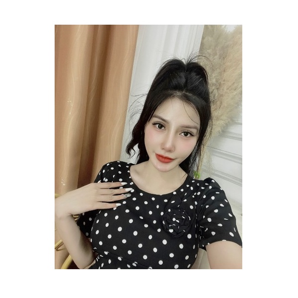Đầm xòe chấm bi phối hoa ngực dễ thương D055- Lady Fashion